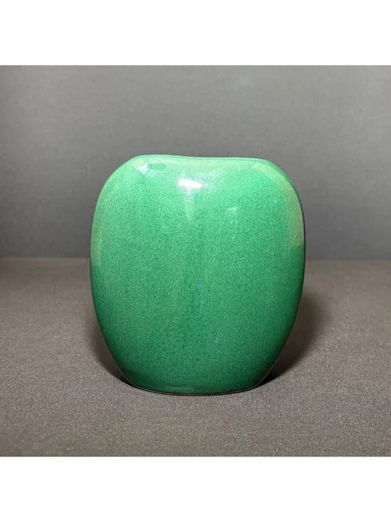 Vintage Green Ceramic Vase Glossy Finish Asymmetrical Oval Shape Modern Design - Picture 5 of 12